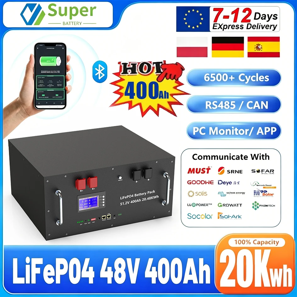 48V 400Ah LiFePO4 Batterie 20Kwh 6500+ Zyklen Bluetooth Aktiver Equalizer 200A RS485 CAN BMS PC-Monitor 51.2V Lithium-Batterie für Heim-Solarwechselrichter Energiespeicher EU-Lagersteineuerung steuerfrei – Detail 2