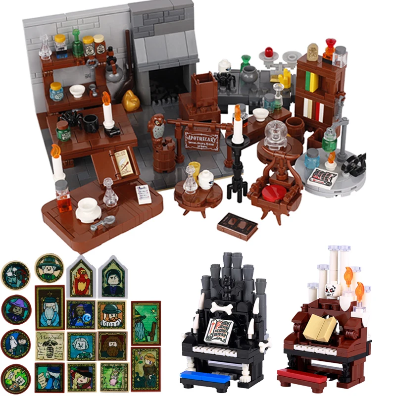 MOC Medieval Magic Scene Building Block Wizard Potion Studio Experimental Table Halloween Skeleton Organ Witch Printed Brick Toy