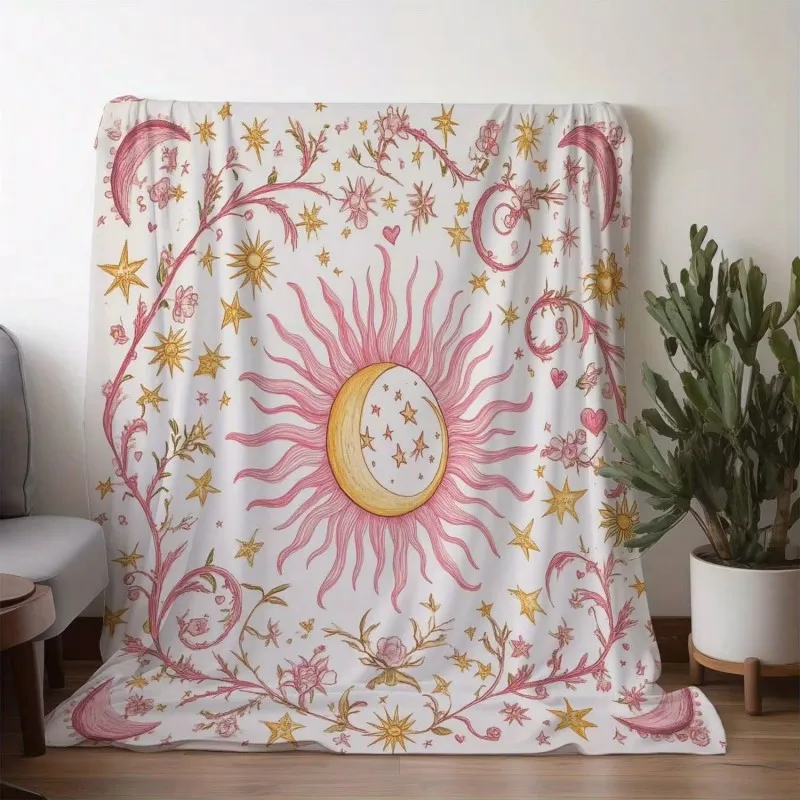 Blanket Throw Sun Print, Moon Star Floral Flannel Blanket, Celestial Art, Sofa Bedroom Indoor Decor Soft Warm Throw