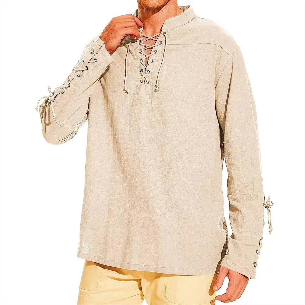 Autumn New Cotton Linen Shirts for Men Costume Beach Tops Drawstring Design Shirt Male Loose Casual Streetwear Long Sleeve Shirt