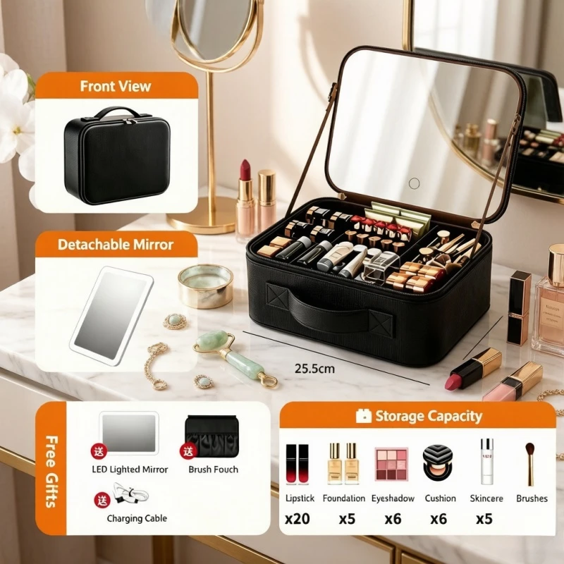 Travel Makeup Bag with LED Lighted Mirror, Portable Cosmetic Train Case, Adjustable Dividers & Detachable 10x Magnifying Mirror