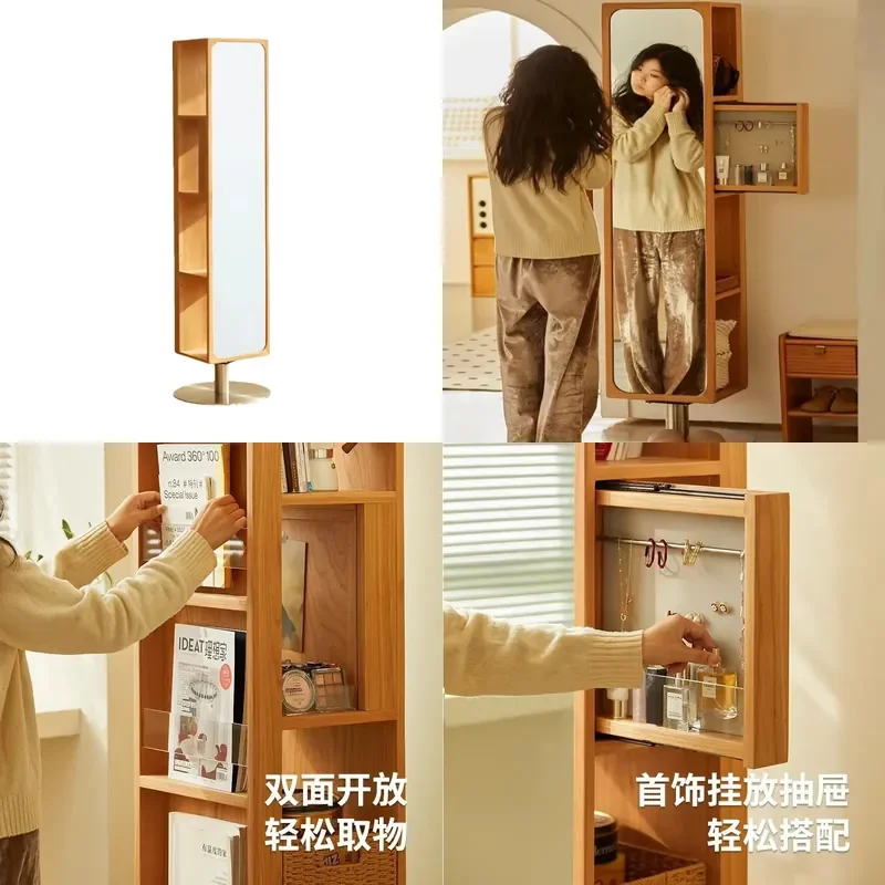 Japanese Cherry Wood Rotating Full Length Mirror Cabinet Floor to Ceiling Corner Storage Shelf for Magazine Organization