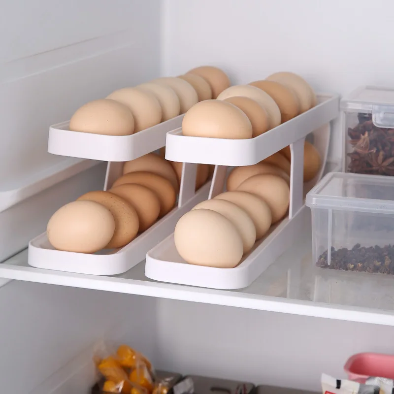 1Pc Clear Egg Storage Rack With Protective Railings Large Capacity 2-Tier Automatic Rolling Egg Dispenser Kitchen Organizer