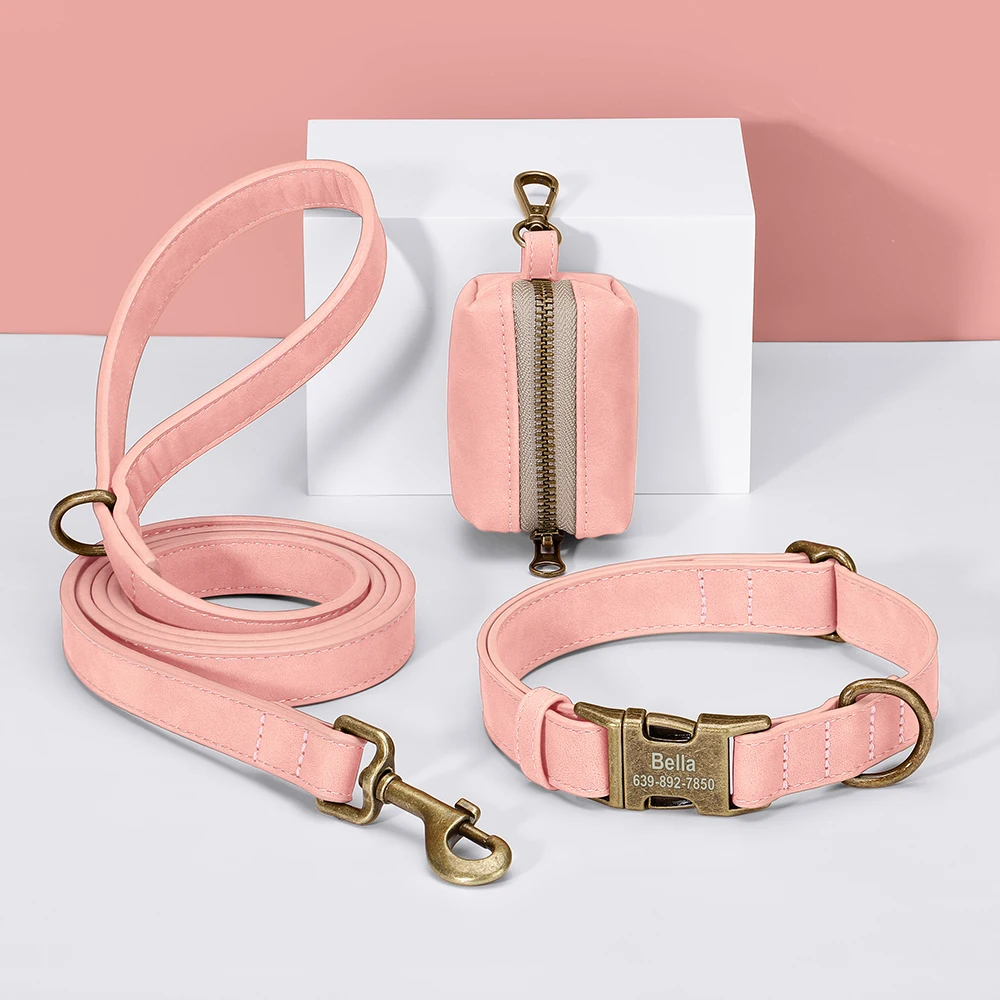 Benutzerdefinierte Hundehalsband Leine Tasche Set personalisierte PU Leder Hundehalsbänder Vintage Haustier Schnalle Halskette mit Bleikot Tasche für Hunde Mops – Detail 12