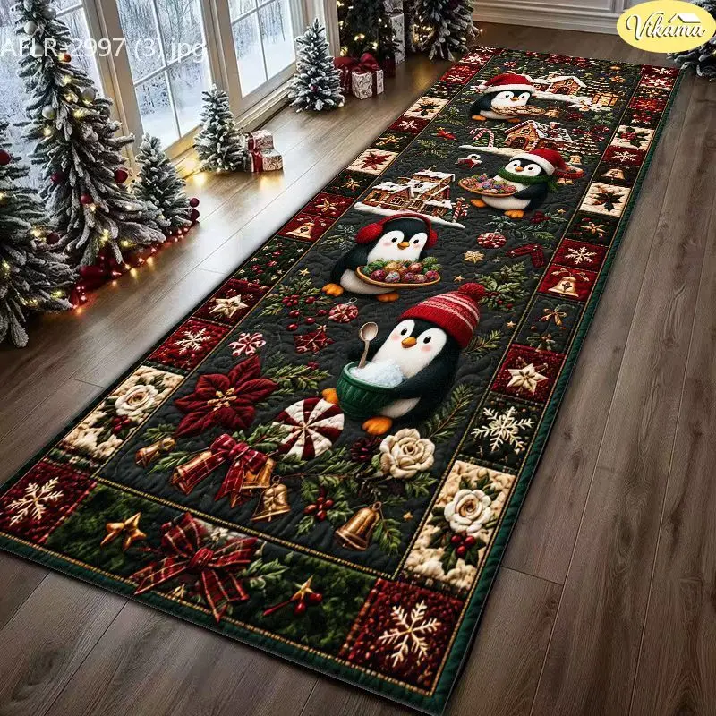 VIKAMA Black Penguin Xmas Cookie Velvet Hallway Runner Non Slip Floor Mat for Holiday Soft Cozy Aesthetic Decorative Home Decor