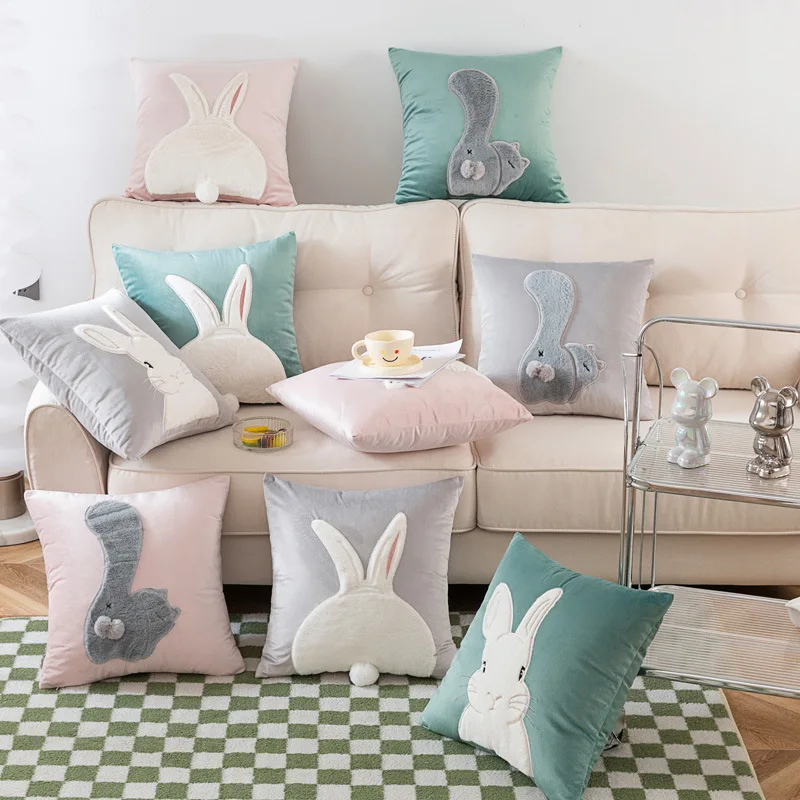 

Cute Bunny Square Pillow Cover Crystal Fleece Sofa Cushion for Car Home Decor Ins Style