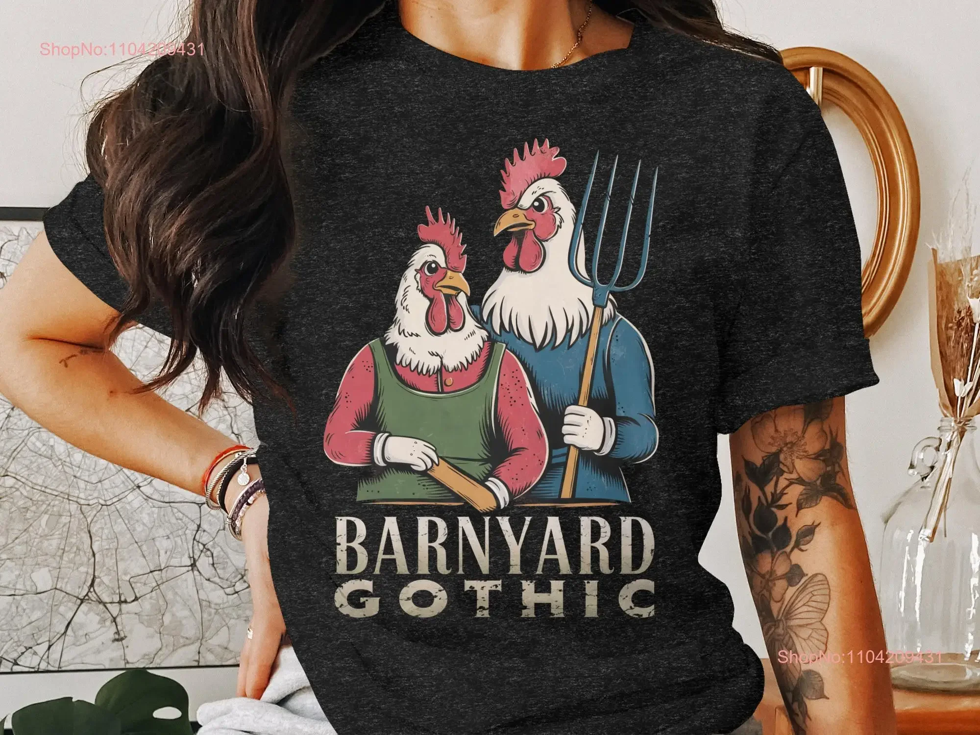 

Футболка Barnyard в готическом стиле с курицей для пары, забавная ферма, курица-петух, уникальная иллюстрация для любителей животных, винтажная стираная слегка