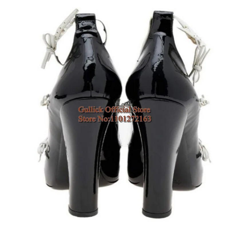 Narrow Band Butterfly Women Chunky Heels Shoes Black And White Patent Leather Round Toe Knot Square Heels Party Shoes