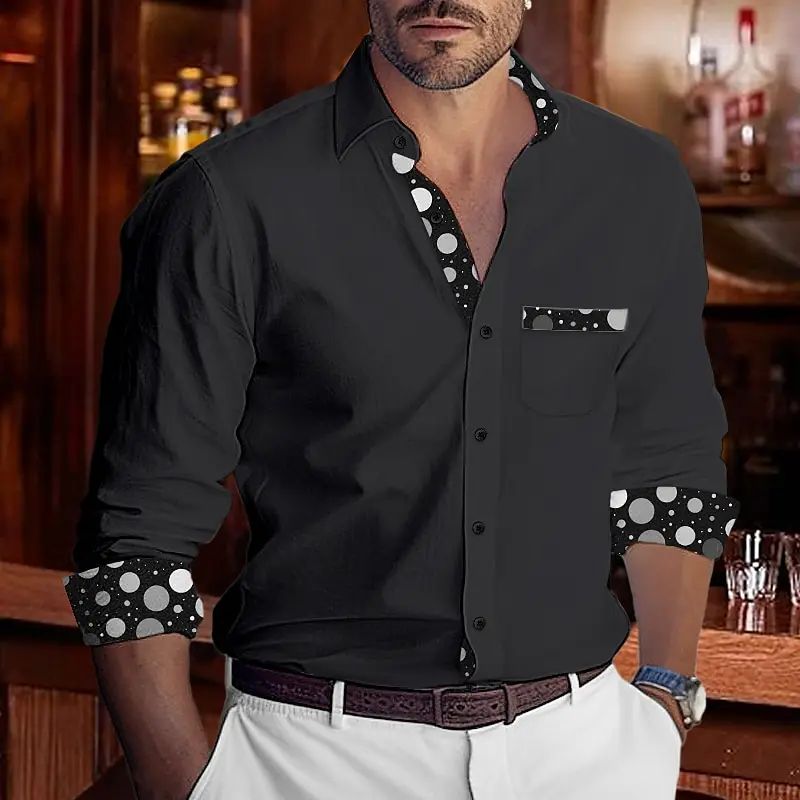 Chemises à manches longues à pois pour hommes, vêtements de villégiature quotidiens, revers de bloc de couleur, décontracté et confortable, élégant