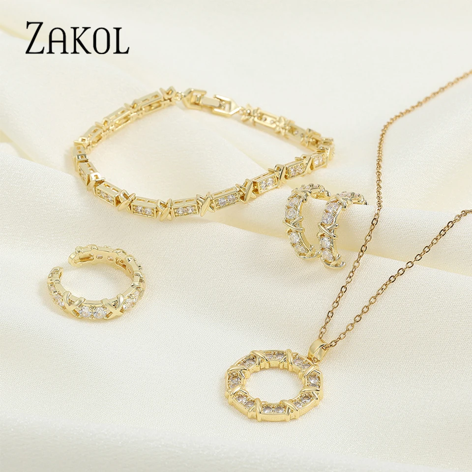 ZAKOL Brand 4 Pcs X Cross Zircon Collection Jewelry Set for Women Luxury Sparkling CZ Wedding Earring Necklace Bracelet Ring Set