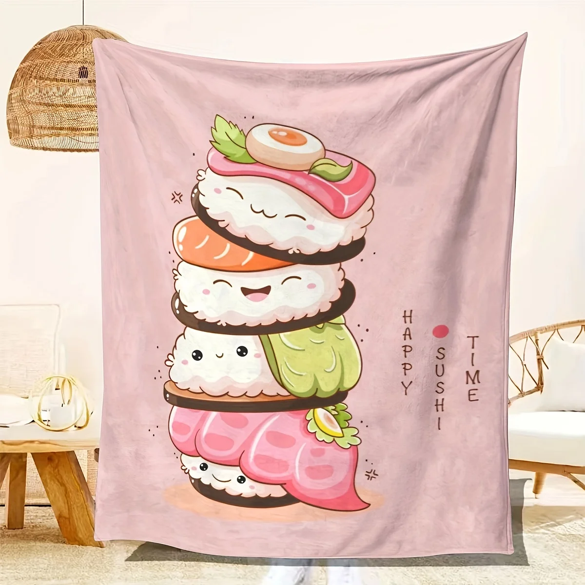 Happy Sushi Asian-Influence All-Season Throw Blanket, Novelty Food Embellishment, for Bed, Sofa, Chair, Living Room Decor - Gift