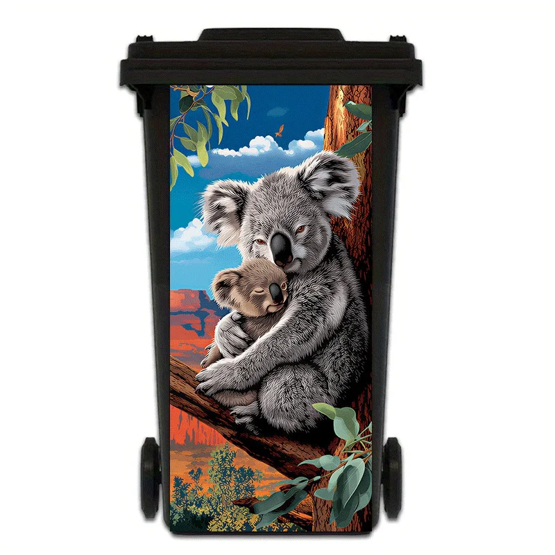 1 pegatina para bote de basura con diseño de madre y cría de koala, pegatina impermeable para bote de basura con paisaje australiano, plana 2D