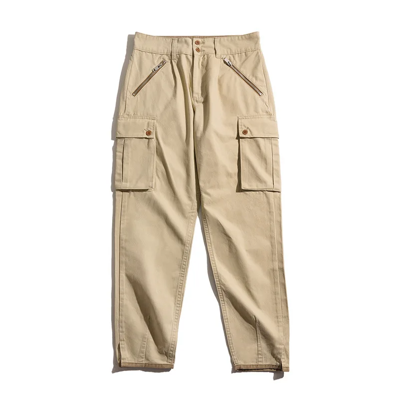 Fashionable and Versatile Workwear. American Retro Khaki Tapered Mountain-washed Mid-rise Straight-leg Casual Men's Trousers.