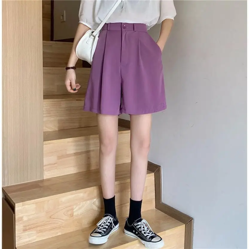 Suit Shorts for Women's Summer Outer Wear 2025 New High-waisted Slimming Wide-leg A-line Shorts Loose Purple Mid-pants Trendy
