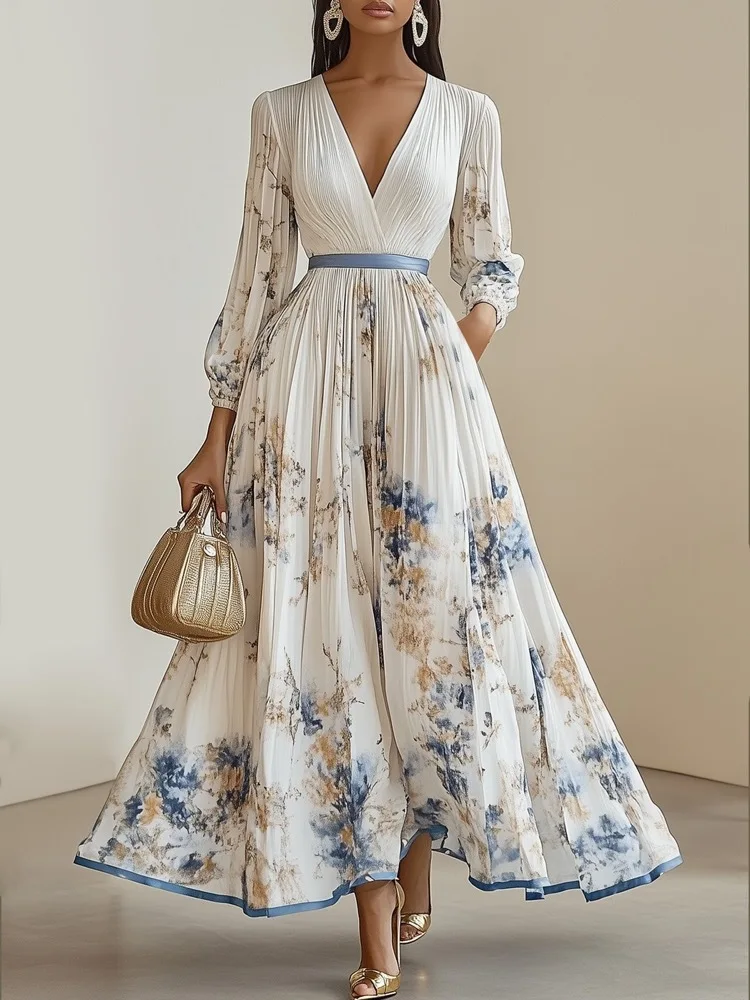 

Women's Floral Print Pleated Maxi Dress Deep V-Neck Long Puff Sleeve Belt Formal Gown Elegant Outfit For Weddings Parties Dress