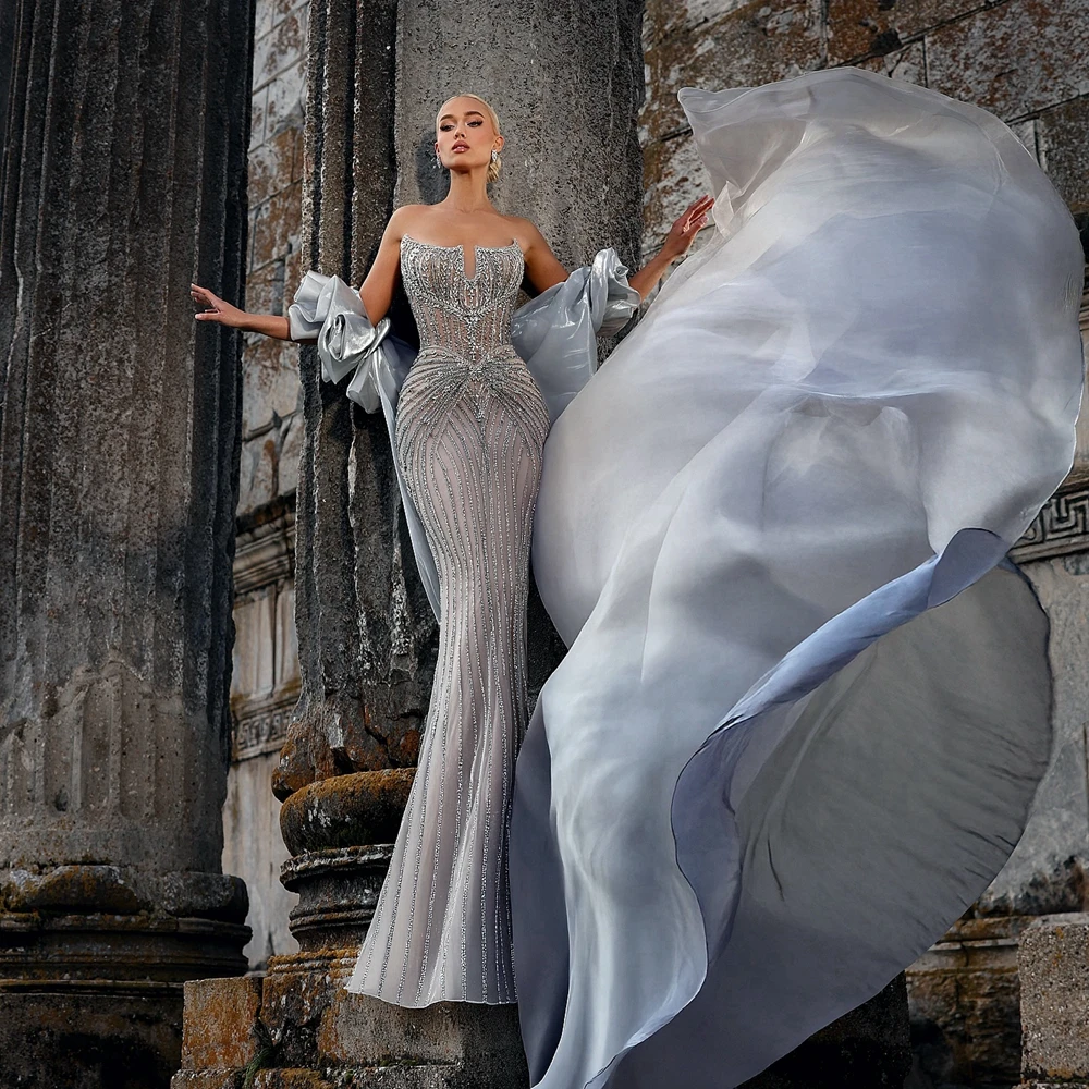 

Shinny Silver Crystals Mermaid Prom Gown Newest Beaded Lace Evening Dresses With Mesh Shawl Strapless Lace Celebrity Dress