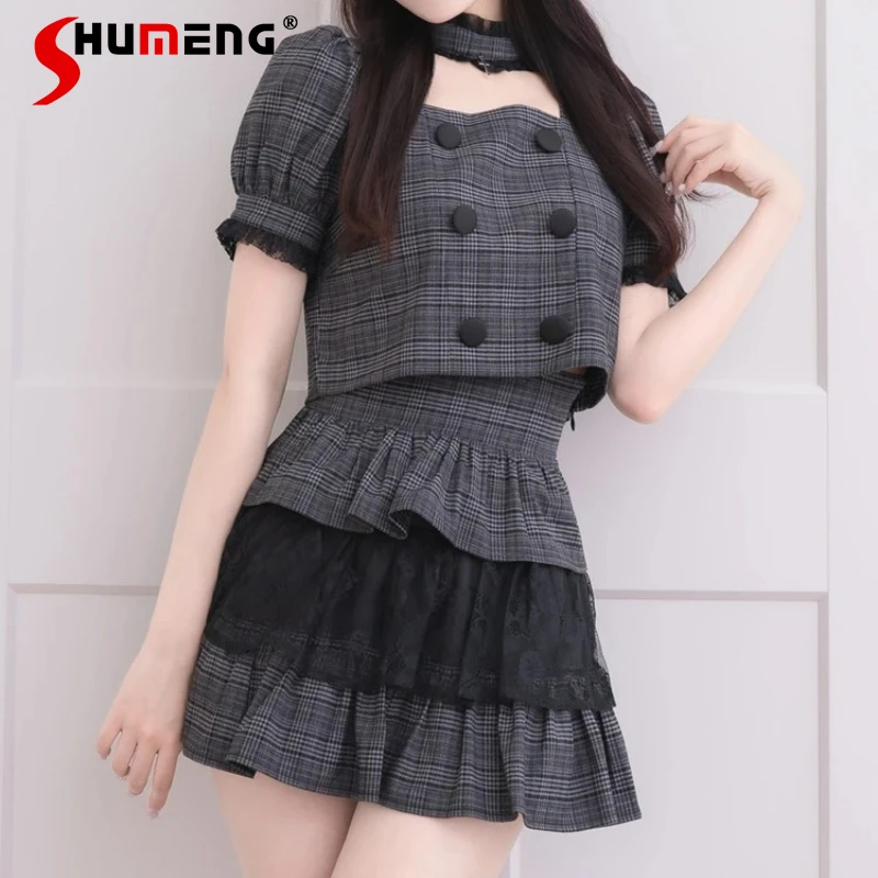 

Japanese Lolita SC Ruched Lace Trim Pendant Choker Short-Sleeved Top Set Sweet Blouse And High Waist Short Skirt Two Pieces Suit