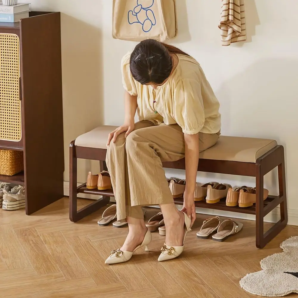 2-Tier Wooden Shoe Rack Bench with Cushion and Flip-Top Storage, 39.37 Entryway Shoe Organizer in Walnut