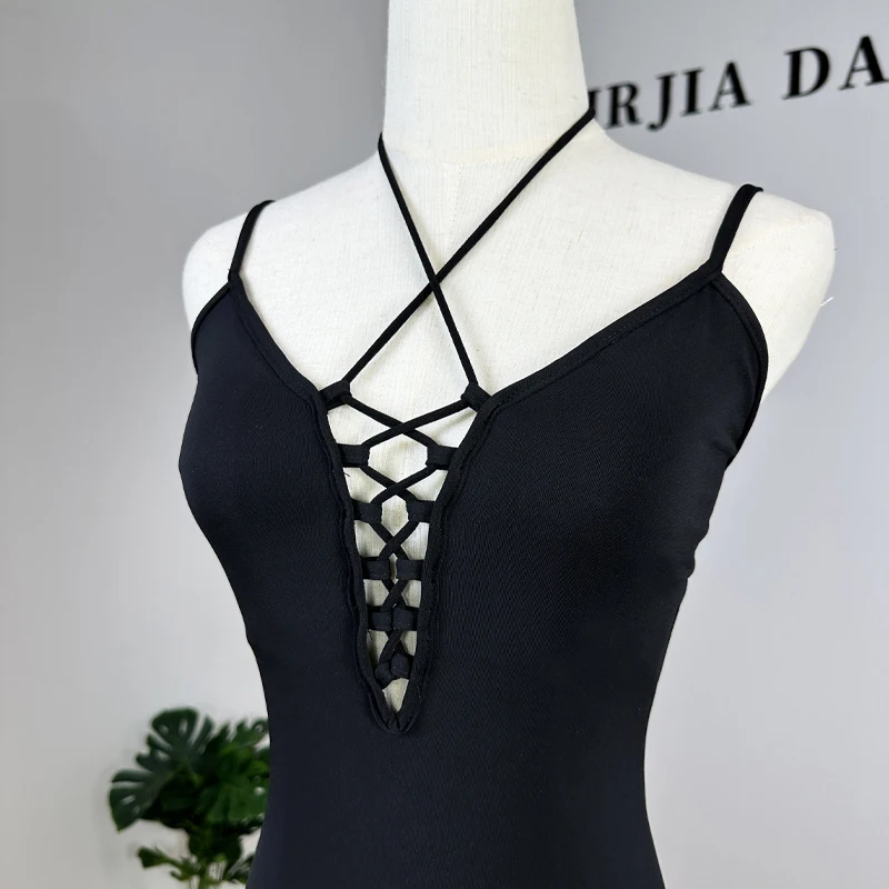 Zomer Latin Dance Kleding Zwart Veterschoenen Volwassen Rumba Ballroom Dance Training Wear V-Hals Sexy Latin Dance Bodysuit Nv18051