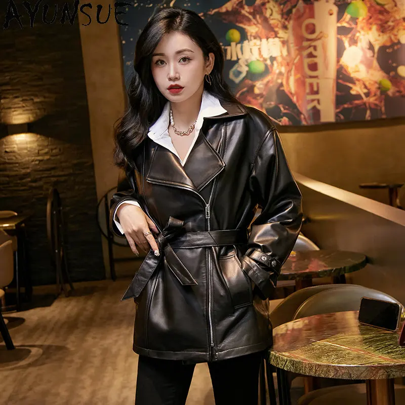 AYUNSUE High Quality Real Leather Jacket Women Mid-length Leather Jackets Elegant Genuine Sheepskin Coat Belt jaqueta feminina