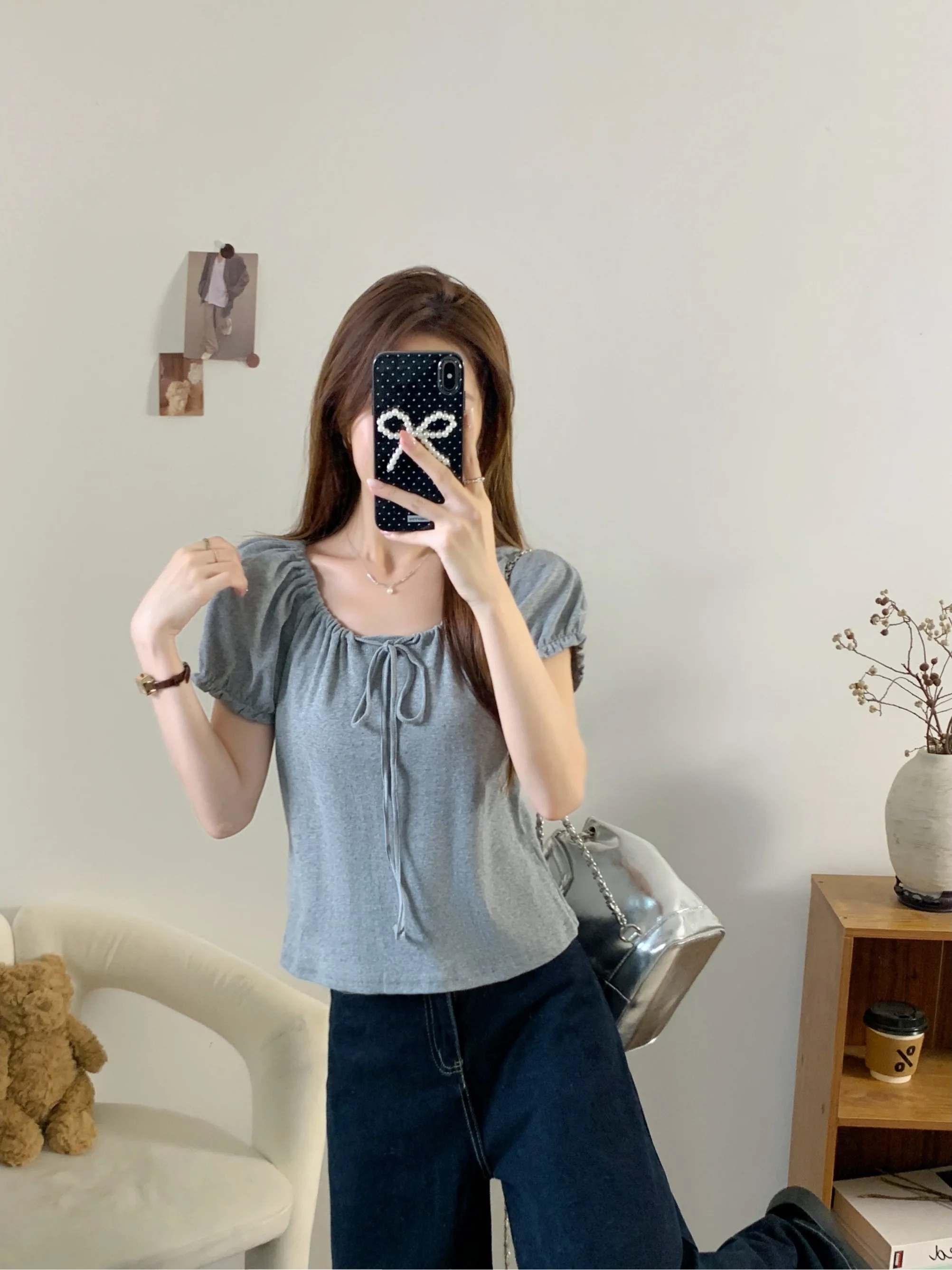 

plus Size Grey Short Sleeve T-Shirt with Belt Summer New Style Slimming Versatile Design Anti-Aging Women's Korean Style Commute