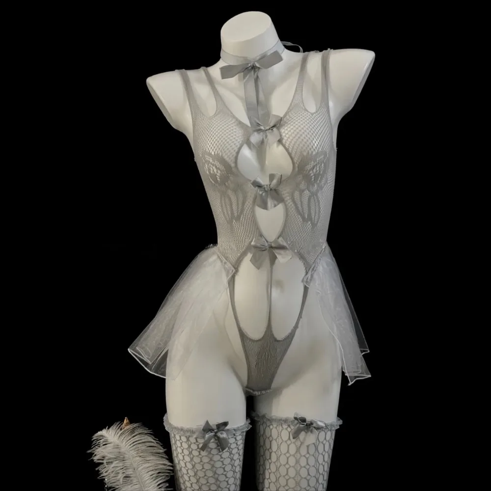 

With Wearing Stockings Sexy Clothing Lace Skirt Mesh Nightgown Bow Deep V Lace Skirt Slim Fit Sleeveless Sexy Lingerie Dress