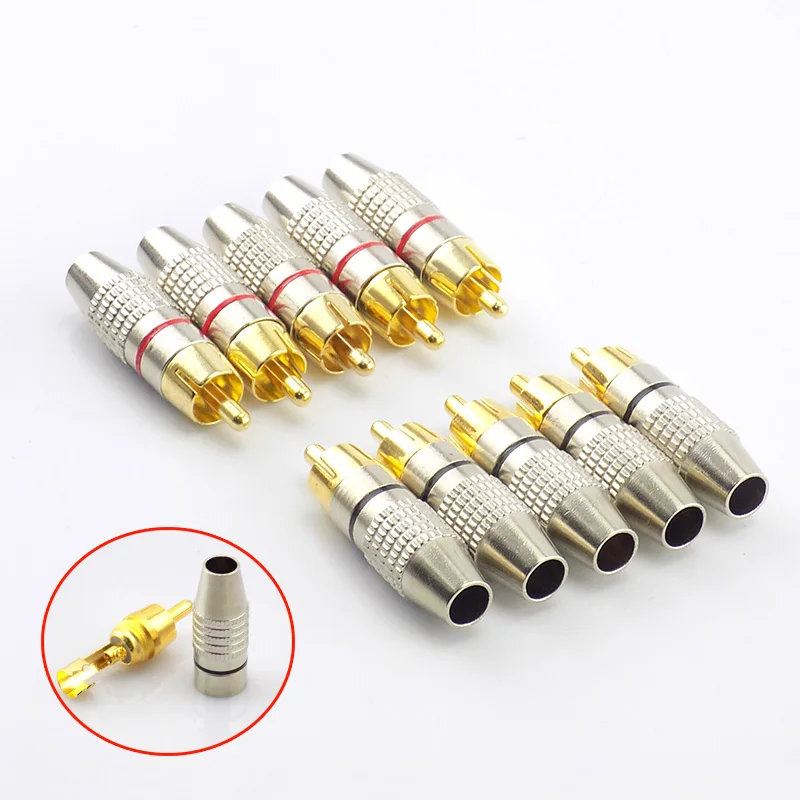 5pcs RCA Male Plug to cabling Connector Adapter Audio Video Cable CCTV camera Non Solder Gold Plated Accessories Q1