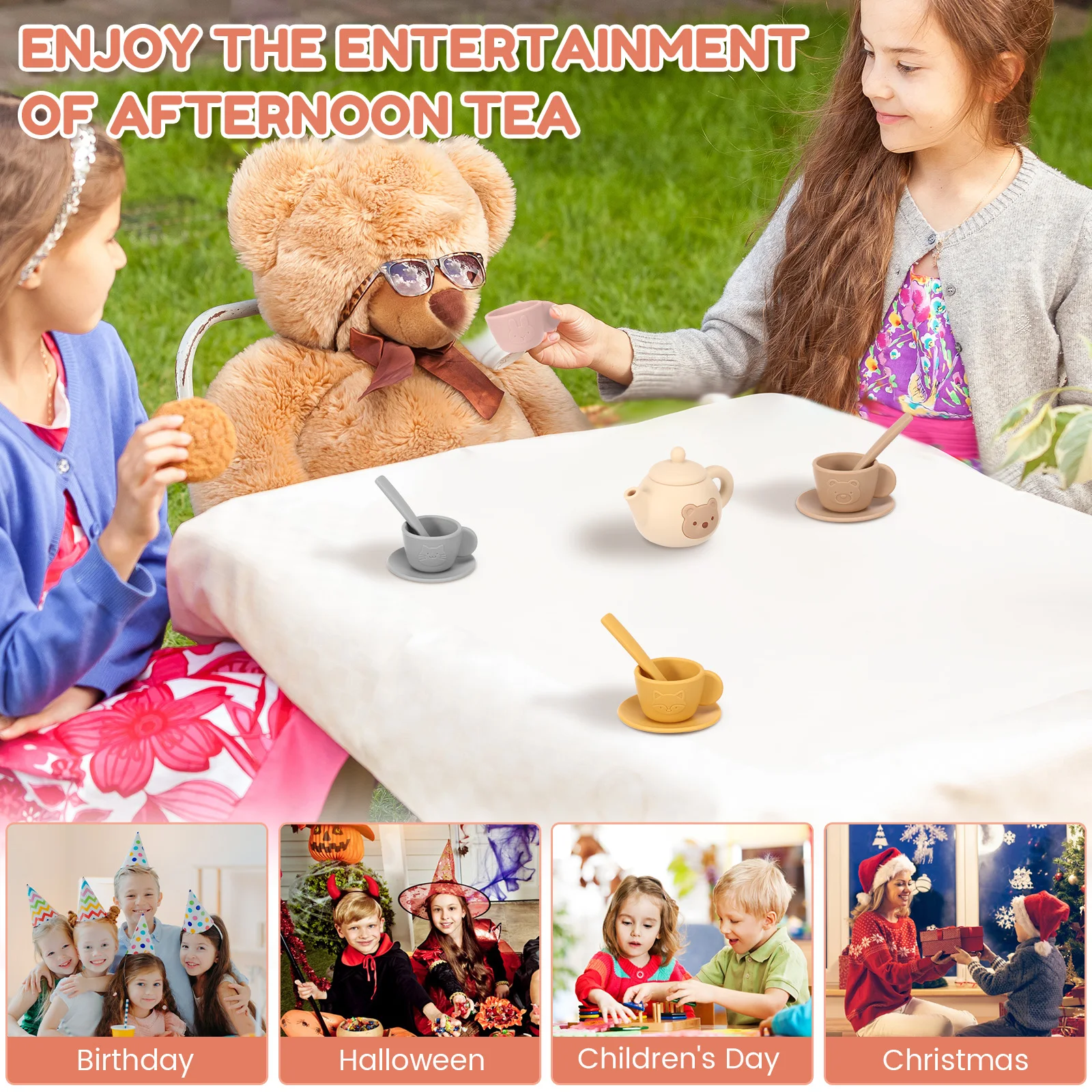 14個入りシリコン製アフタヌーンティーセットおもちゃキッチンアクセサリーティーパーティーフードプレイ早期教育玩具幼児女の子男の子子供向け