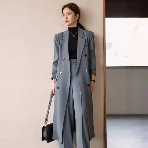 여성용 빈티지 롱 블레이저, 오피스 레이디, 우아한 더블 단추 노치 세트 재킷, 루즈 솔리드 오버코트, 용수철 가을