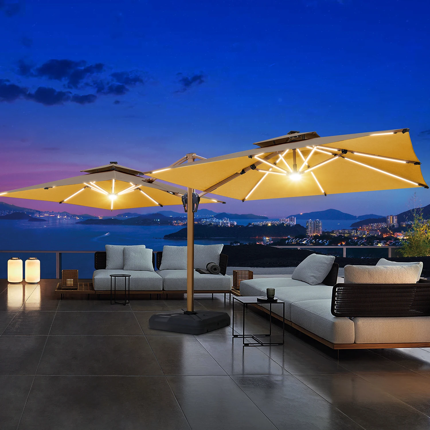 Modern Waterproof Anti-UV Windproof Outdoor Patio Double Head Sunshade Parasol Restaurant Umbrella With Solar Energy Led Lights