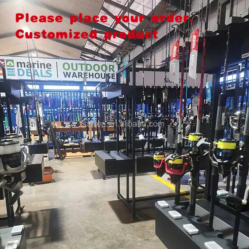 custom.Custom Mobile Black Metal Fishing Rod Stand Display Rack With Adjustable Shelves Fishing Tackle Retail Store