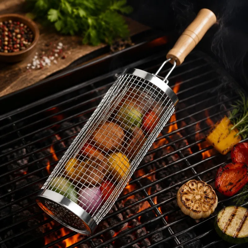 Round Barbecue Grill Basket Set Stainless Steel Rolling Steel Mesh Tube Barbecue Grill with Handle Essential for Outdoor Camping view 3