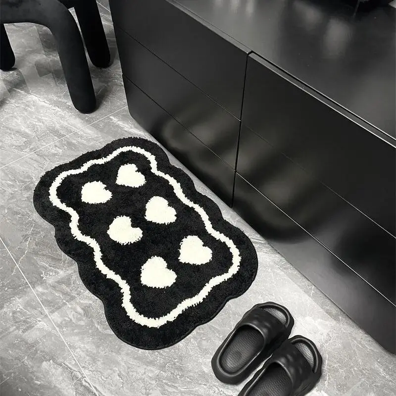 Tapis de Sol Fluffy Fluffy Lea, Polymères de Touffetage de Porte, Optique Douce, Absorbant, Toilette, Cuisine, Coeur Noir et Blanc