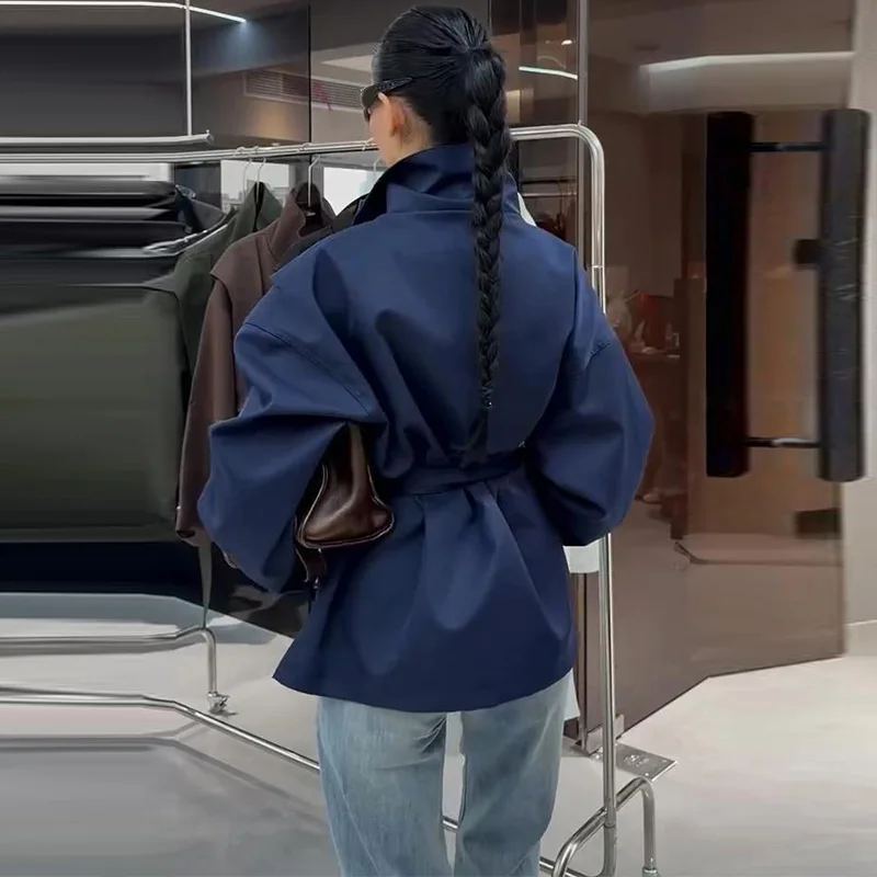 Damen-Windbreaker mit Revers und Schnürung, einreihiger Trenchcoat für Frühling und Herbst, langärmelige, schmale Jacke, neue Oberbekleidung – Detail 9