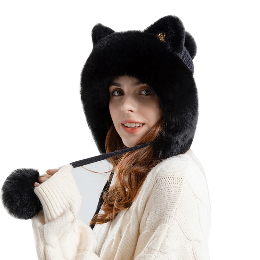 2023 Cute Cat Ears Winter Hat Add Fluff Lined Windproof Warm Beanies With Hairballs Outdoor Ear Protection Luxury Hats For Women