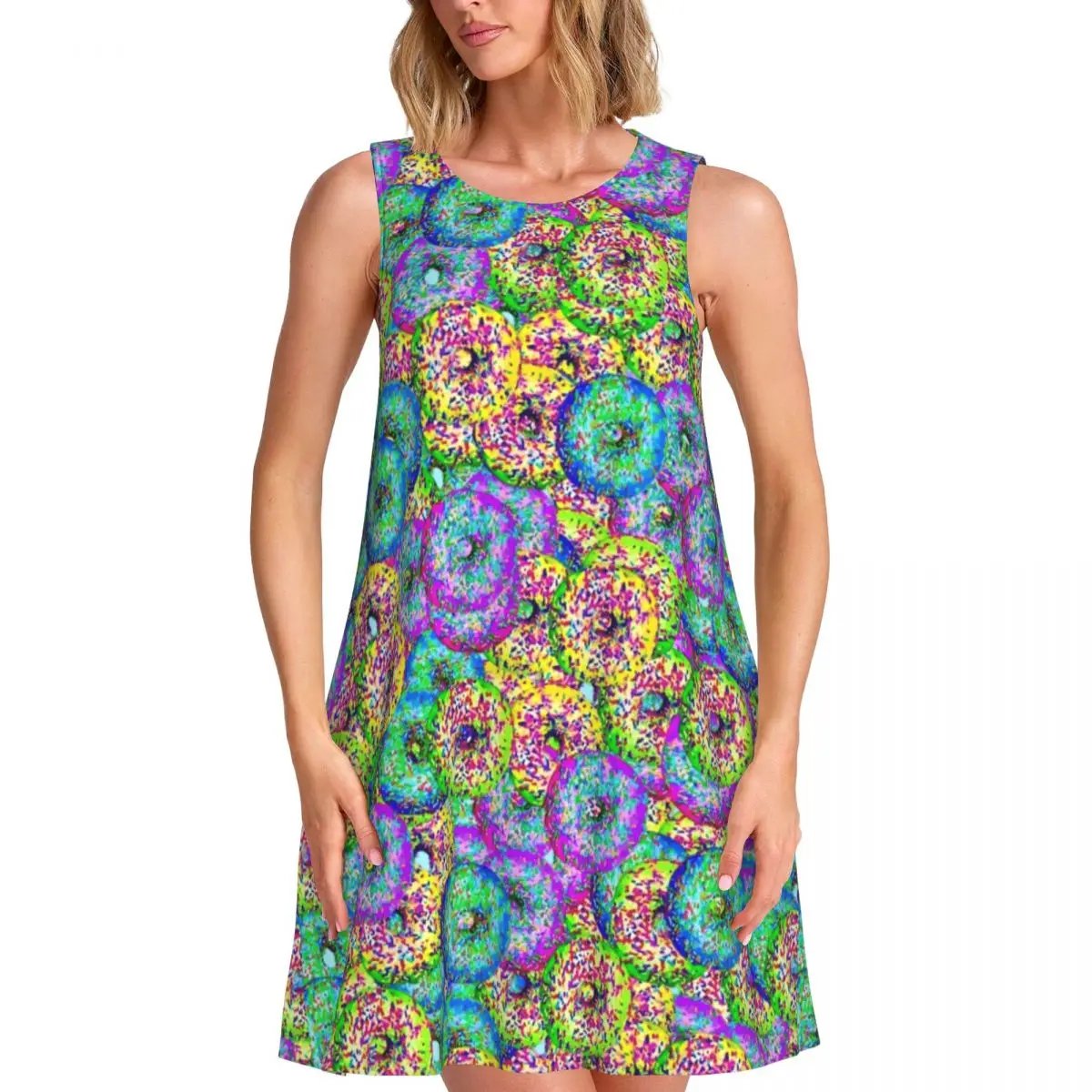 Abstract Doughnut Art Casual Dress Colorful Food Print Sleeveless Beach Dresses Woman O Neck Simple Dress Summer Print Clothes