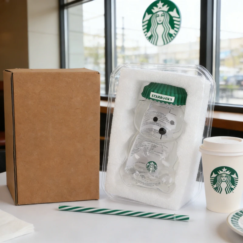 Vaso de Vidrio Starbucks Bear de 591 ml (20 oz) para Bebidas Frías con Tapa Verde y Pajita, Botella para Café Helado, Agua, Regalo para el Hogar