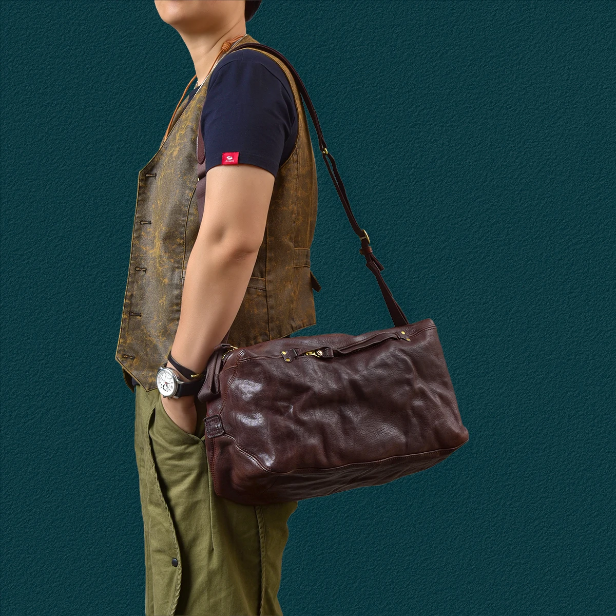 travel soft first layer leather men's shoulder bag vintage designer handmade brand genuine leather large-capacity crossbody bag