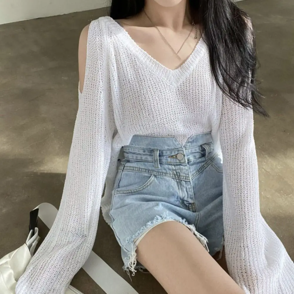 

Simple Hollow Out Knit Long T-shirt Long Sleeve Pullover Crochet Knitwear Chic V-neck Knitted Loose Top Girl