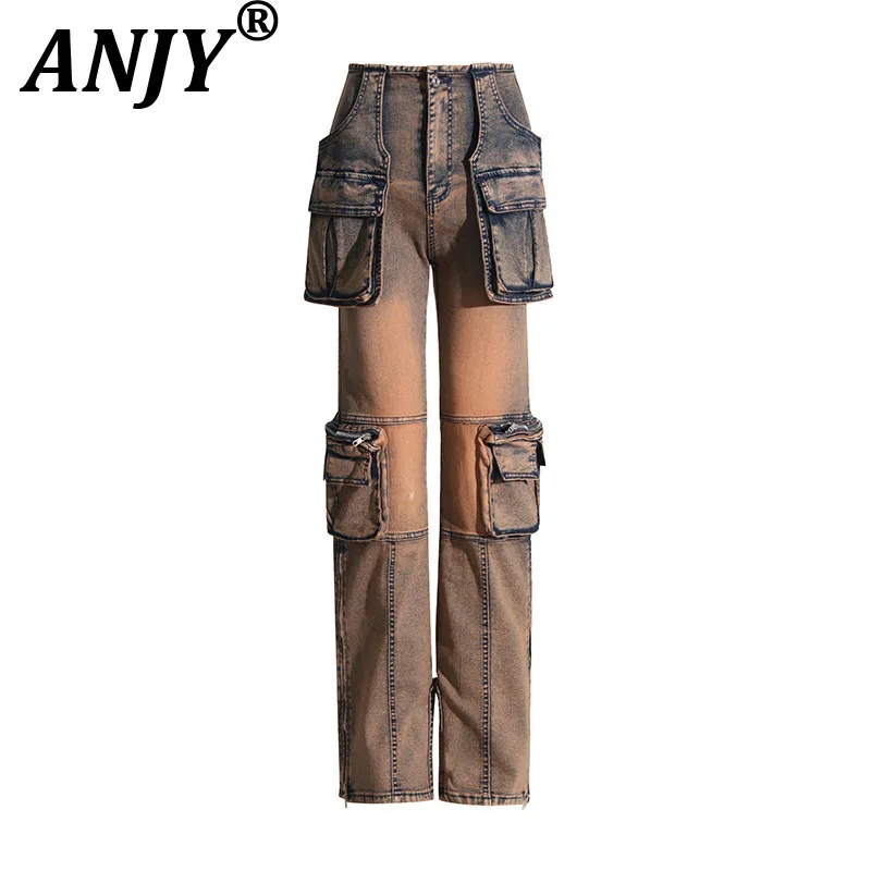 

ANJY Autumn New Women's Punk High Street Trendy Long Jeans Fashion Tide Patchwork Multi-Pocket High Waisted Straight Pants A7145