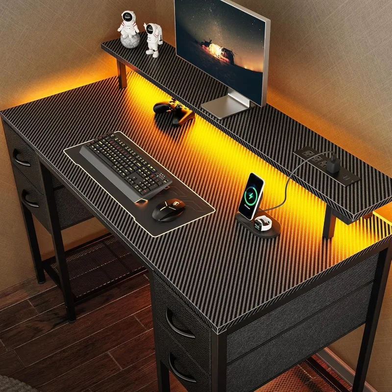 

47 inch Computer Desk with 4 Drawers, with LED Lights & Power Outlets, with Large Storage Space for Bedroom,Carbon Fibre Black