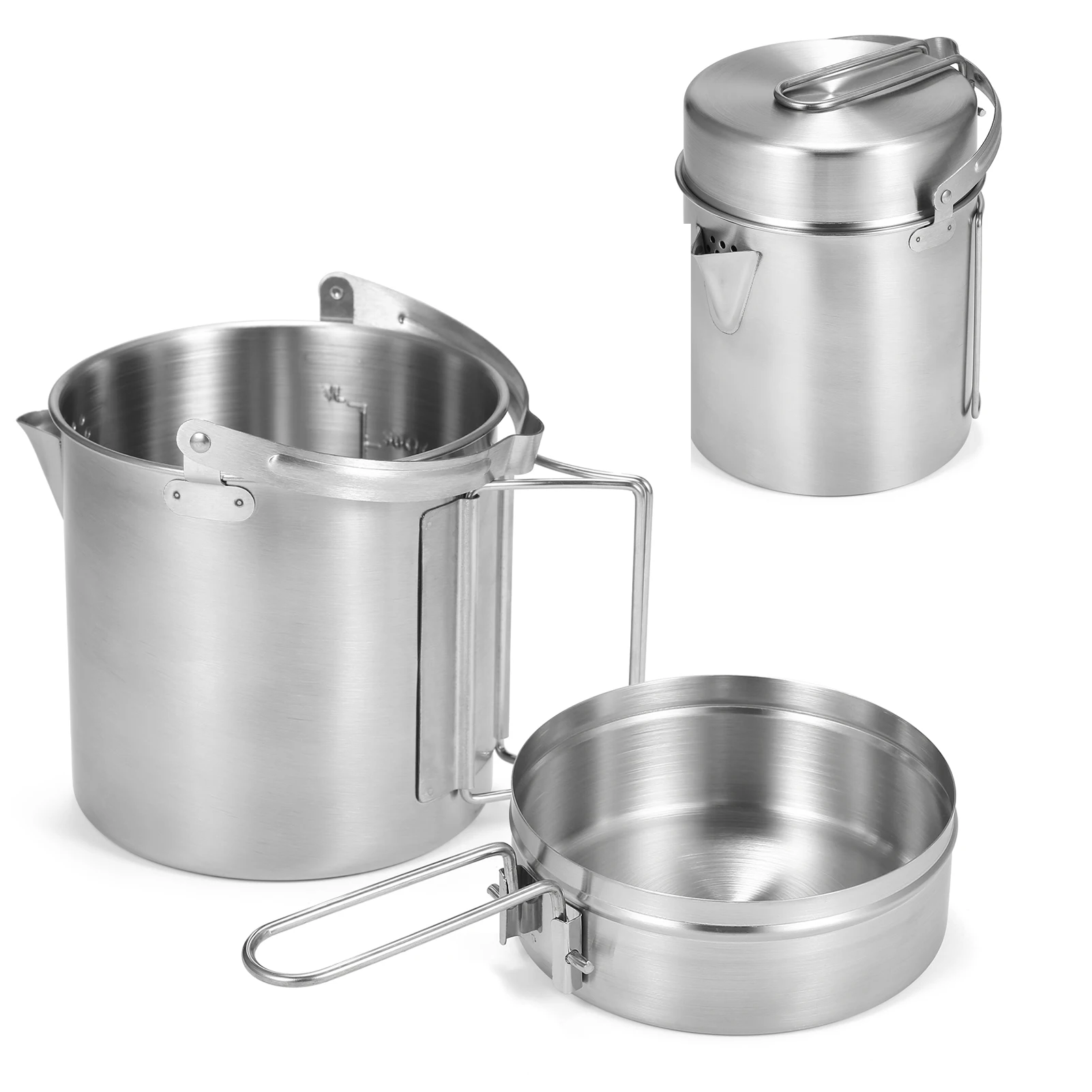 1L Stainless Steel Cooking Kettle Portable Outdoor Camping Pot Pan with Foldable Handle Hiking Backpacking Picnic Equipment