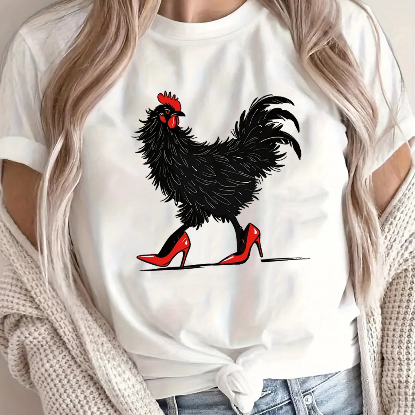 Summer Women's Rooster Pattern Print TShirt Unisex Cotton and Breathable Short Sleeve Streetwear Oversized Loose Casual