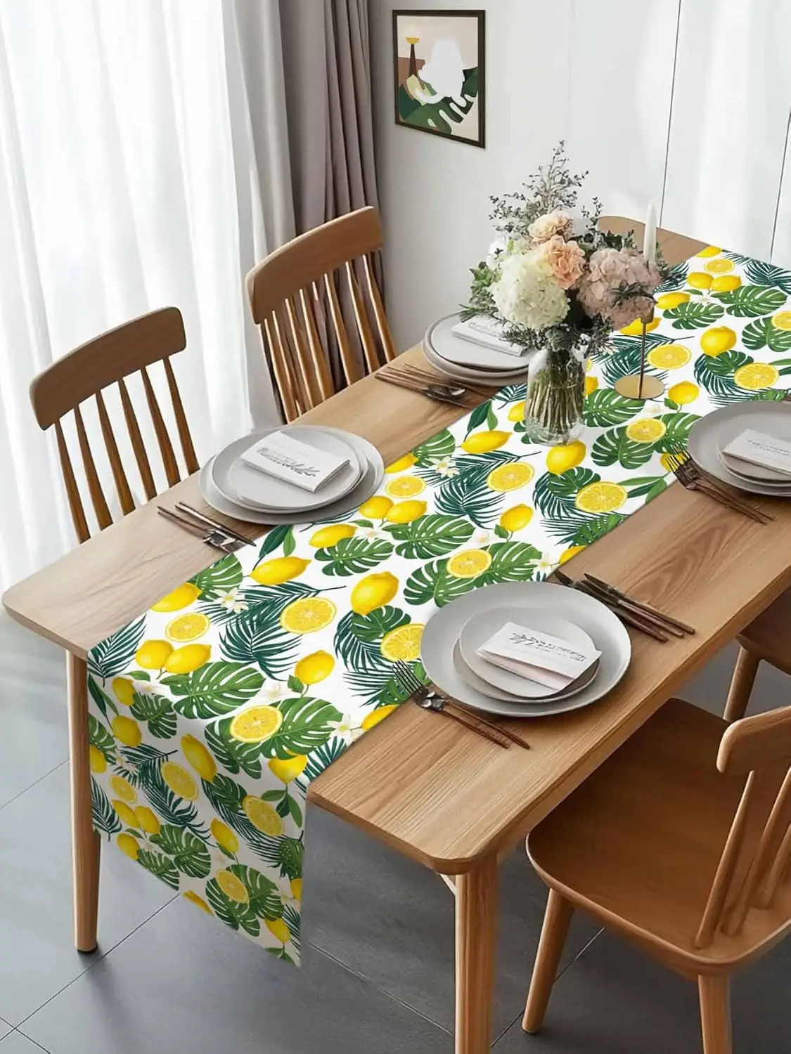 Summer Lemon Green Monstera Linen Table Runner Party Decor Reusable Farmhouse Kitchen Dining Table Runner Wedding Decorations