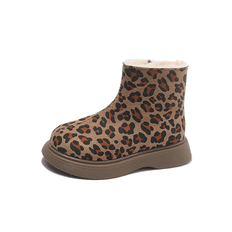 Little Kids Leopard Winter Boots, Faux Suede Plush Lined Inner Zipper Non-Slip Chunky Sole Warm Boots