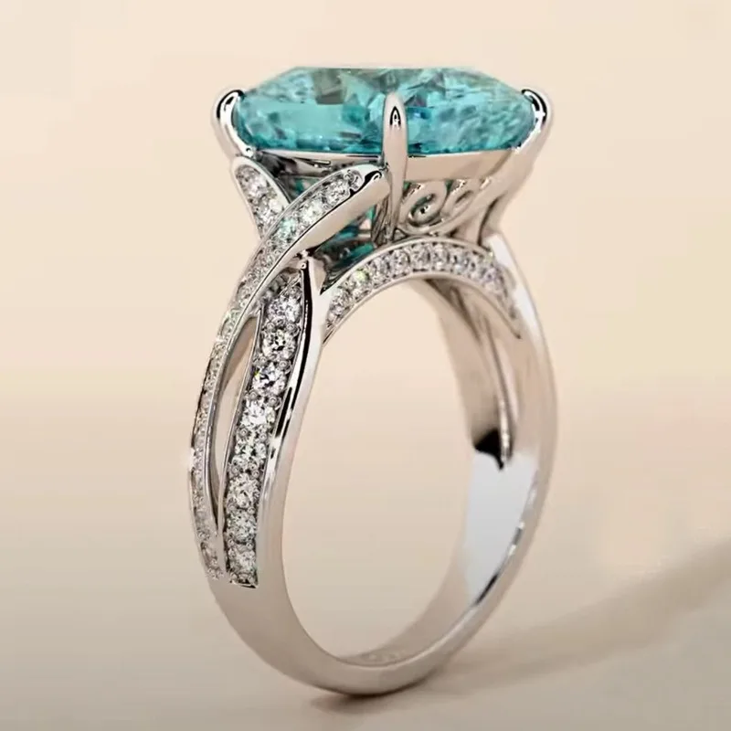 Hot Sale New Fashion Generous Inlaid Aquamarine Ring Women's Holiday Gift Jewelry