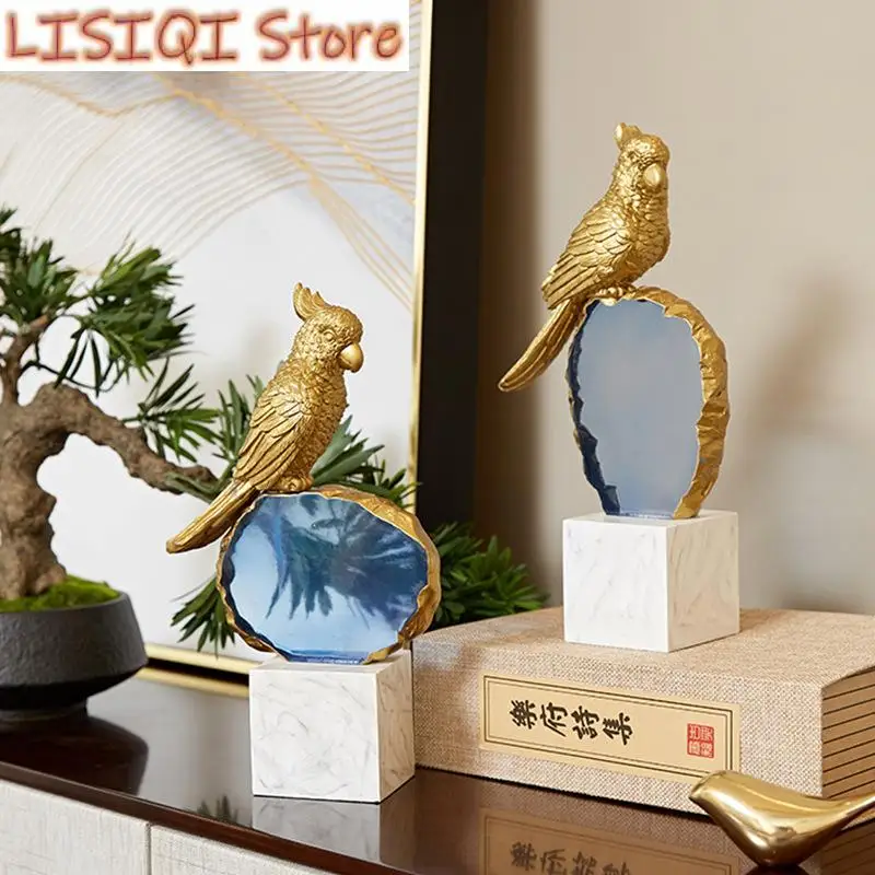 

New Resin Handicraft Golden Parrot Artificial Animal Sculpture Transparent Resin Figurine Decorative Figurines Home Decoration