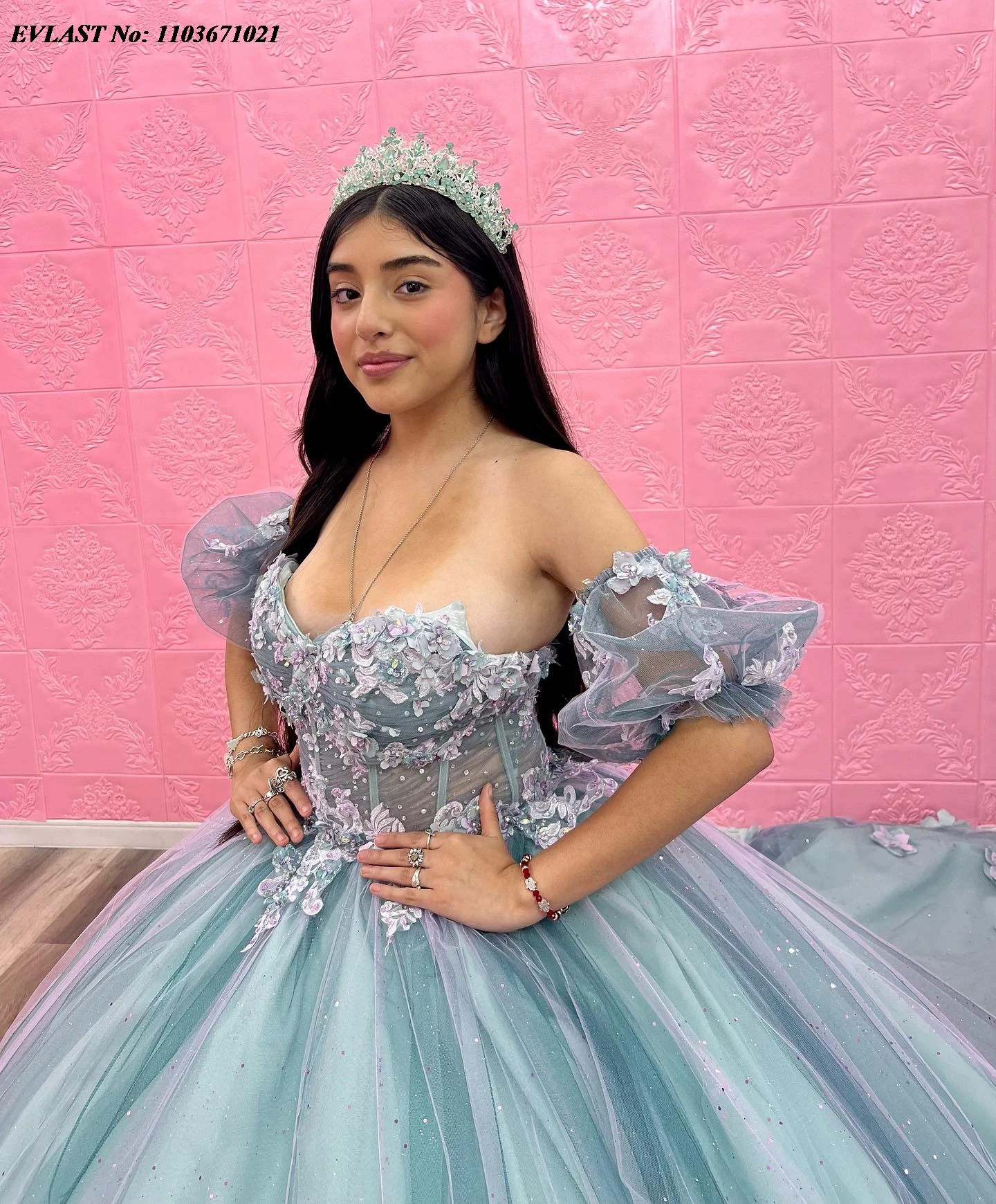 EVLAST-vestido De quinceañera verde menta mexicana, vestido De baile, apliques De encaje Floral 3D, corsé con cuentas, dulce 16 Vestidos De Anos SQ359