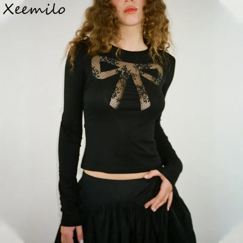 Xeemilo Y2K Lace Bow Cut Out See-through T Shirt Aesthetic Round Collar Slim Skinny Long Sleeve Crop Tops Simple Fashion Tees