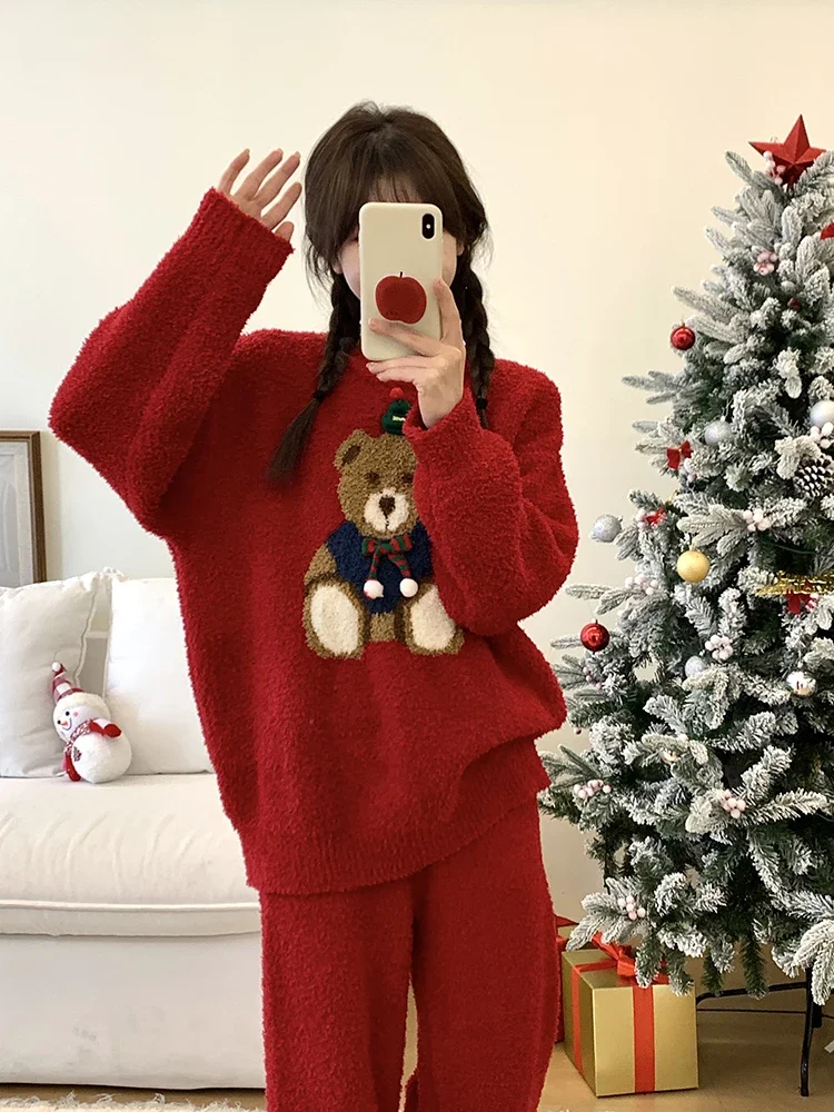 Christmas Cute Bear Red Pajama Sets Women\'s Winter Warm Sweet Round Collar Pullover Coral Fleece Loungewear Pink Fashion